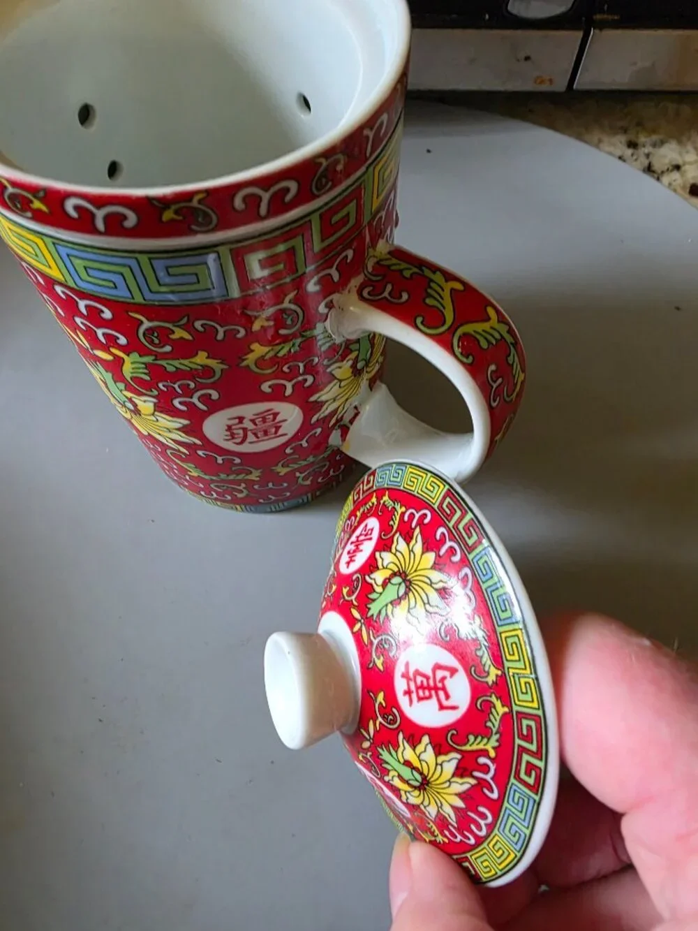 Chinese Porcelain Tea Infuser Mug w/ Lid Red Floral Asian Tea Brewing Cup